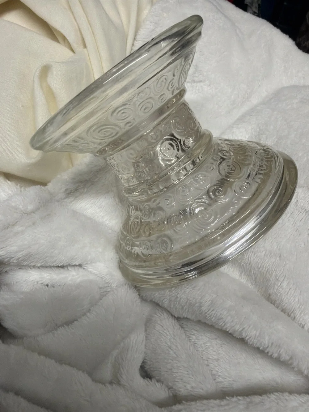 Clear Glass Pillar Candle Holder with White Taper Candle Vtg swirl